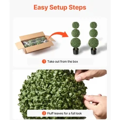 VEVOR Artificial Boxwood Topiary Triple Ball 3 Ft Set of 2 Greenery Decor, Premium PE Fake Trees, Year-Round Indoor & Outdoor Faux Green Plant for Front Door, Entryway, Porch, Balcony, Patio, Garden