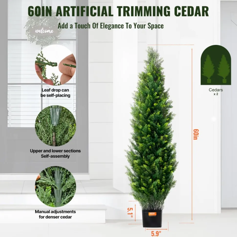 VEVOR Artificial Cedar Topiary Tree, 60 inch Tall (2 Pieces), with Extra Leaves & Pot Faux Evergreen Fake Pine Cypress Trees Plant, UV Rated Artificial Greenery Set for Home Decor Indoor/Outdoor