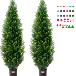 VEVOR Artificial Cedar Topiary Tree, 60 inch Tall (2 Pieces), with Extra Leaves & Pot Faux Evergreen Fake Pine Cypress Trees Plant, UV Rated Artificial Greenery Set for Home Decor Indoor/Outdoor