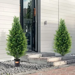 VEVOR Artificial Cedar Topiary Tree, 36 inch Tall (2 Pieces), with Extra Leaves & Pot Faux Evergreen Fake Pine Cypress Trees Plant, UV Rated Artificial Greenery Set for Home Decor Indoor/Outdoor