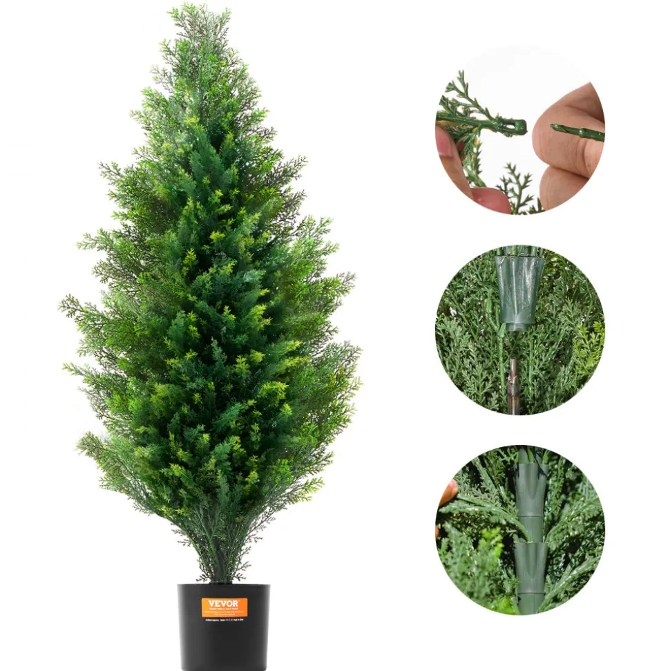 VEVOR Artificial Cedar Topiary Tree, 36 inch Tall (2 Pieces), with Extra Leaves & Pot Faux Evergreen Fake Pine Cypress Trees Plant, UV Rated Artificial Greenery Set for Home Decor Indoor/Outdoor