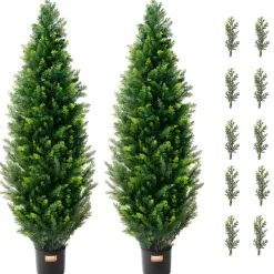 VEVOR Artificial Cedar Topiary Tree, 48 inch Tall (2 Pieces), with Extra Leaves & Pot Faux Evergreen Fake Pine Cypress Trees Plant, UV Rated Artificial Greenery Set for Home Decor Indoor/Outdoor