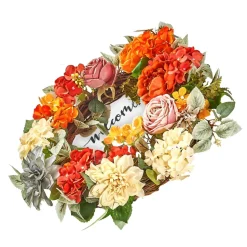 VEVOR Artificial Decorative Wreath, 24 in, Red Orange Yellow, Decorated with Hydrangeas, Roses, Wooden Sign, Year Round Wreath for All Seasons Indoor and Outdoor Home Wall Window Festival Decorations