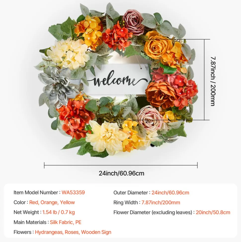 VEVOR Artificial Decorative Wreath, 24 in, Red Orange Yellow, Decorated with Hydrangeas, Roses, Wooden Sign, Year Round Wreath for All Seasons Indoor and Outdoor Home Wall Window Festival Decorations