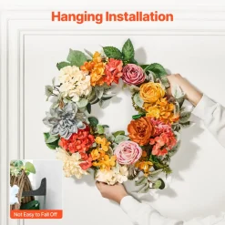 VEVOR Artificial Decorative Wreath, 24 in, Red Orange Yellow, Decorated with Hydrangeas, Roses, Wooden Sign, Year Round Wreath for All Seasons Indoor and Outdoor Home Wall Window Festival Decorations