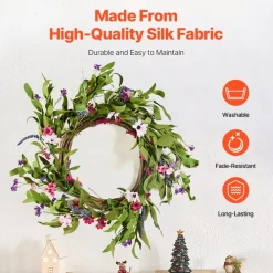 VEVOR Artificial Decorative Wreath, 22 in, Pink Green, Decorated with Daisies, Babysbreath, Buds, Year Round Wreath for All Seasons Indoor and Outdoor Home Wall Window Festival Wedding Decorations