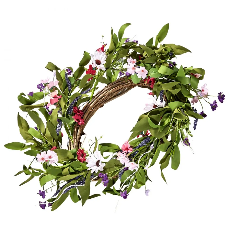 VEVOR Artificial Decorative Wreath, 22 in, Pink Green, Decorated with Daisies, Babysbreath, Buds, Year Round Wreath for All Seasons Indoor and Outdoor Home Wall Window Festival Wedding Decorations