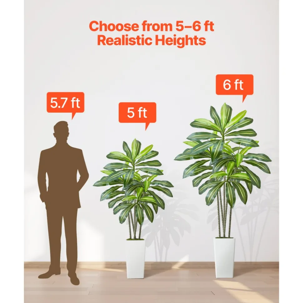VEVOR Artificial Dracaena Tree 6 ft, Fake Palm Tropical Plants with White Tall Planter, Faux Floor Silk Plant in Pot, Large Trees for Home Office Living Room Decor House Warming, Indoor Outdoor
