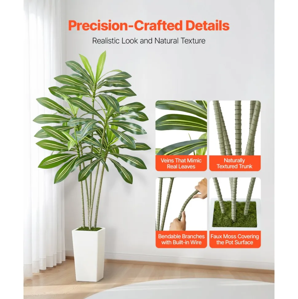 VEVOR Artificial Dracaena Tree 6 ft, Fake Palm Tropical Plants with White Tall Planter, Faux Floor Silk Plant in Pot, Large Trees for Home Office Living Room Decor House Warming, Indoor Outdoor