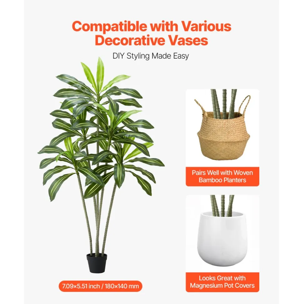 VEVOR Artificial Dracaena Tree 6 ft, Fake Palm Tropical Plants with White Tall Planter, Faux Floor Silk Plant in Pot, Large Trees for Home Office Living Room Decor House Warming, Indoor Outdoor