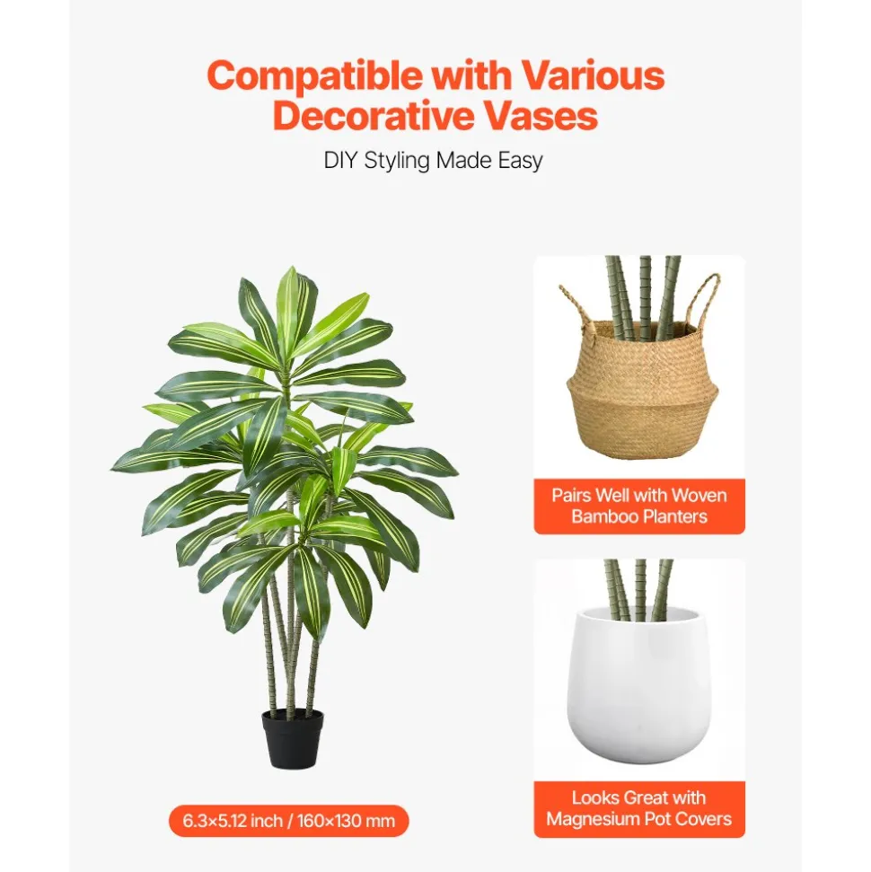 VEVOR Artificial Dracaena Tree 5 ft, Fake Palm Tropical Plants with White Tall Planter, Faux Floor Silk Plant in Pot, Large Trees for Home Office Living Room Decor House Warming, Indoor Outdoor