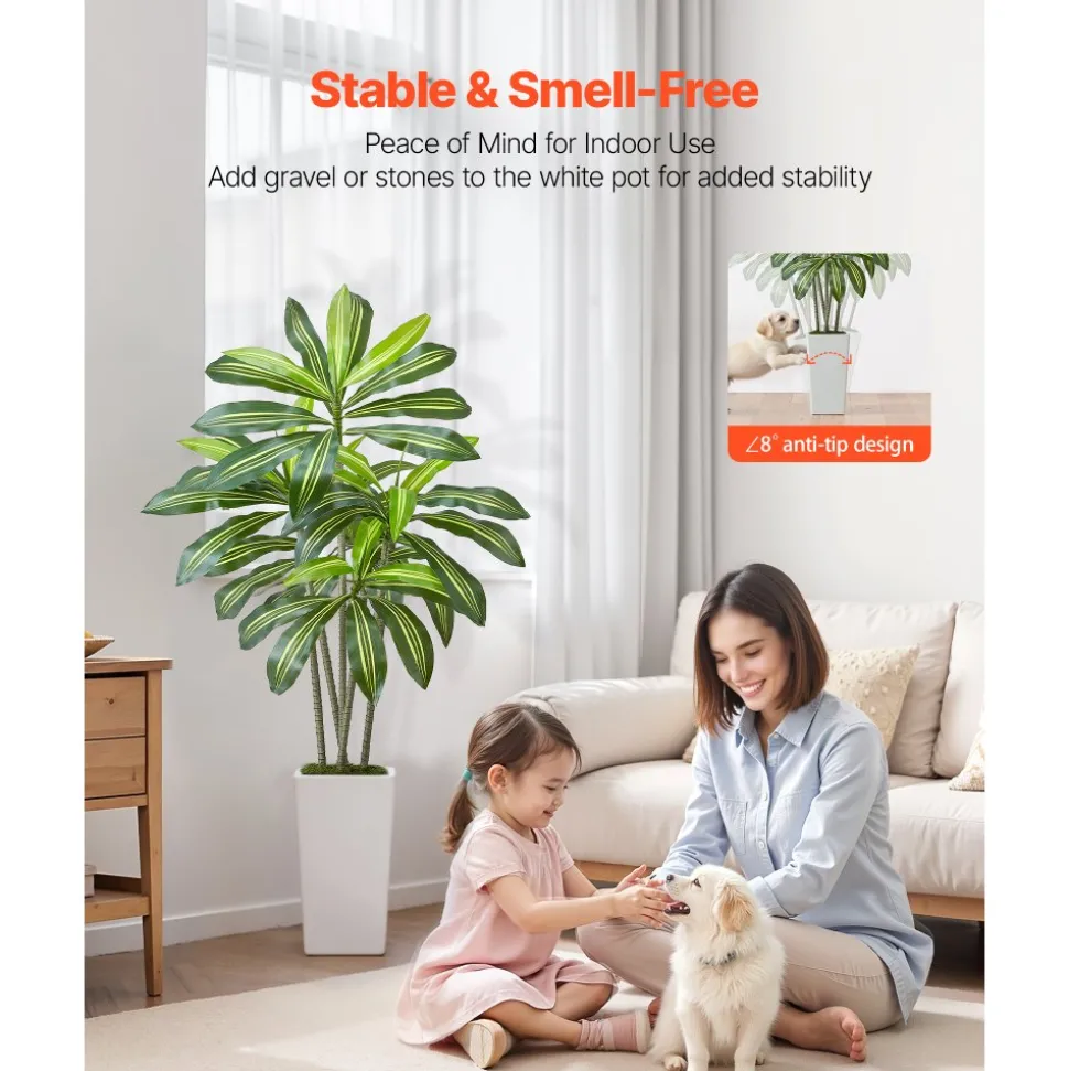 VEVOR Artificial Dracaena Tree 5 ft, Fake Palm Tropical Plants with White Tall Planter, Faux Floor Silk Plant in Pot, Large Trees for Home Office Living Room Decor House Warming, Indoor Outdoor