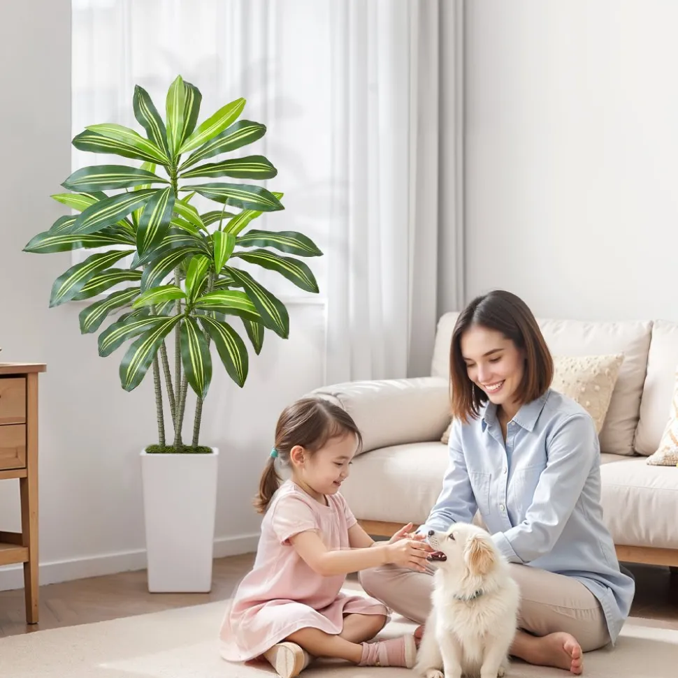 VEVOR Artificial Dracaena Tree 5 ft, Fake Palm Tropical Plants with White Tall Planter, Faux Floor Silk Plant in Pot, Large Trees for Home Office Living Room Decor House Warming, Indoor Outdoor