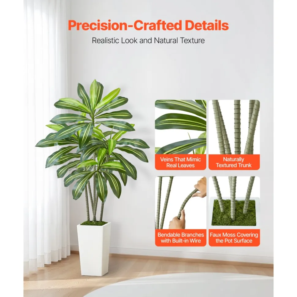 VEVOR Artificial Dracaena Tree 5 ft, Fake Palm Tropical Plants with White Tall Planter, Faux Floor Silk Plant in Pot, Large Trees for Home Office Living Room Decor House Warming, Indoor Outdoor