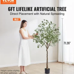 VEVOR Artificial Eucalyptus Tree, 6 FT Tall Faux Plant, Secure PE Material & Anti-Tip Tilt Protection Low-Maintenance Plant, Lifelike Green Fake Potted Tree for Home Office Decor Indoor Outdoor