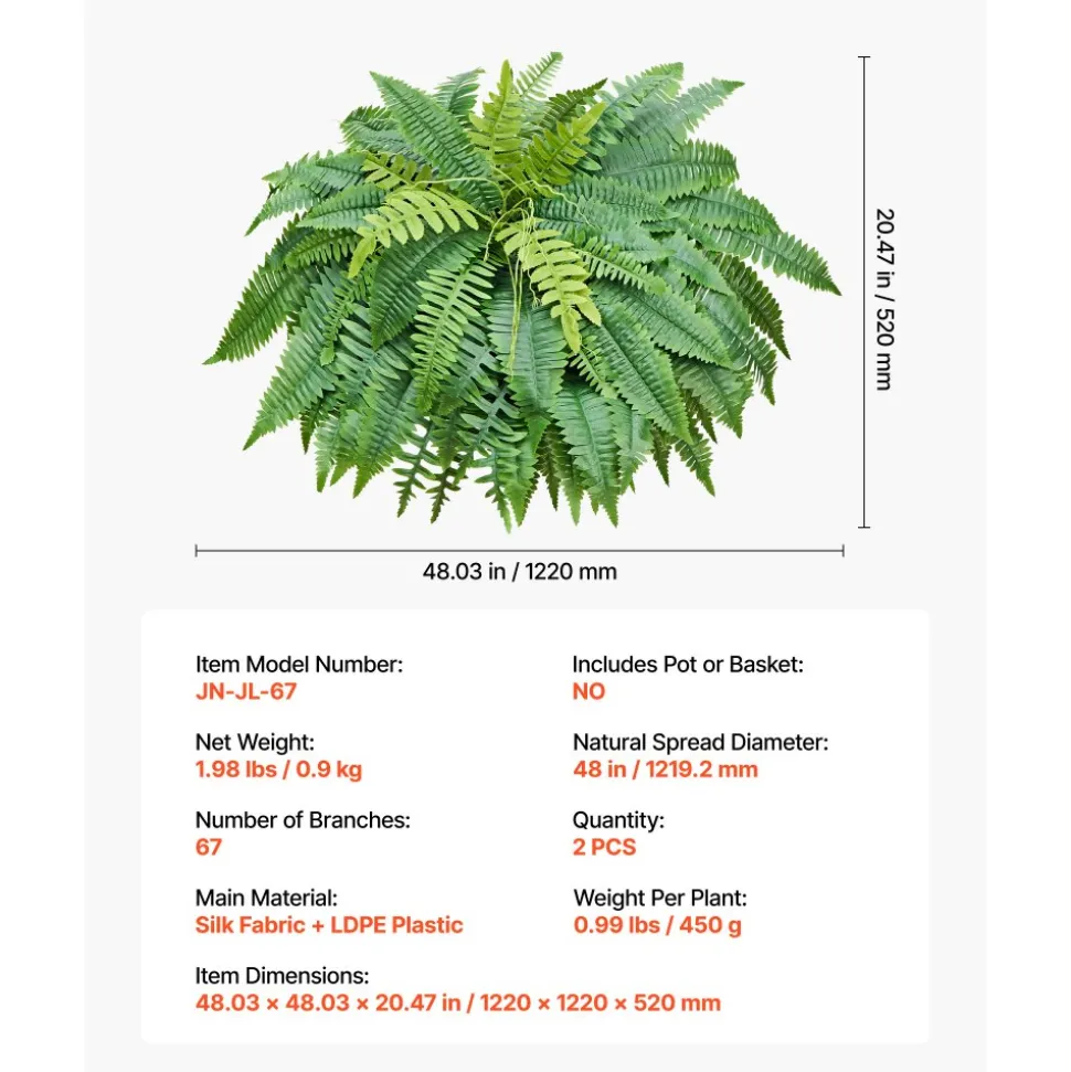 VEVOR Artificial Ferns, 48 Inch Fake Boston Fern Bush Plant with 67 Fronds, Faux Greenery for Indoor/Outdoor Decor, Silk & LDPE, Suitable for Home Porch Garden Office Living Room Planter, Set of 2