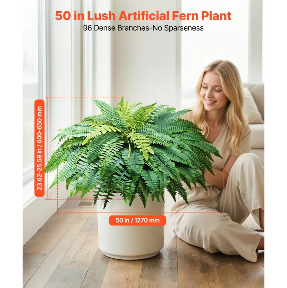 VEVOR Artificial Ferns, 45 Inch Fake Boston Fern Bush Plant with 63 Fronds, Faux Greenery for Indoor/Outdoor Decor, Silk & LDPE, Suitable for Home Porch Garden Office Living Room Planter, Set of 2