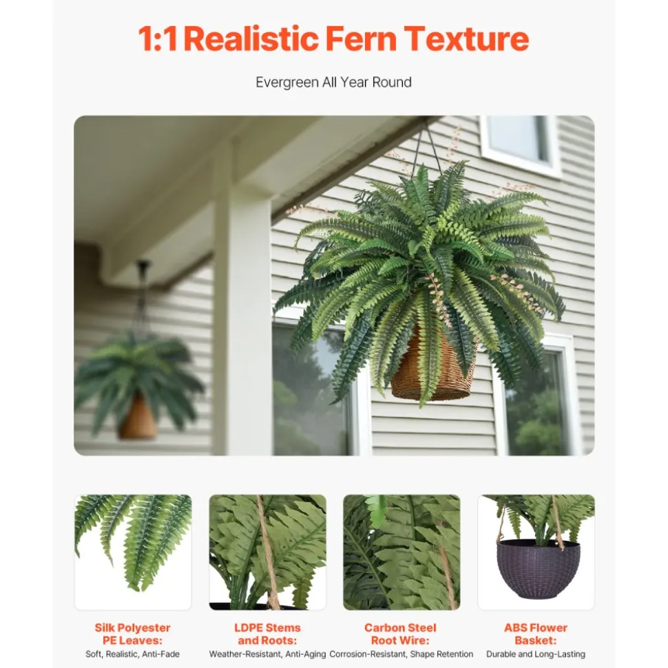 VEVOR Artificial Ferns, Natural Spread Diameter 37-41 Inch, Large Hanging Fake Boston Ferns, Sunlight Resistant Fake Plant Wall Decor with 80 Branches and Flowerpot, Faux Fern for Home Office Outdoor