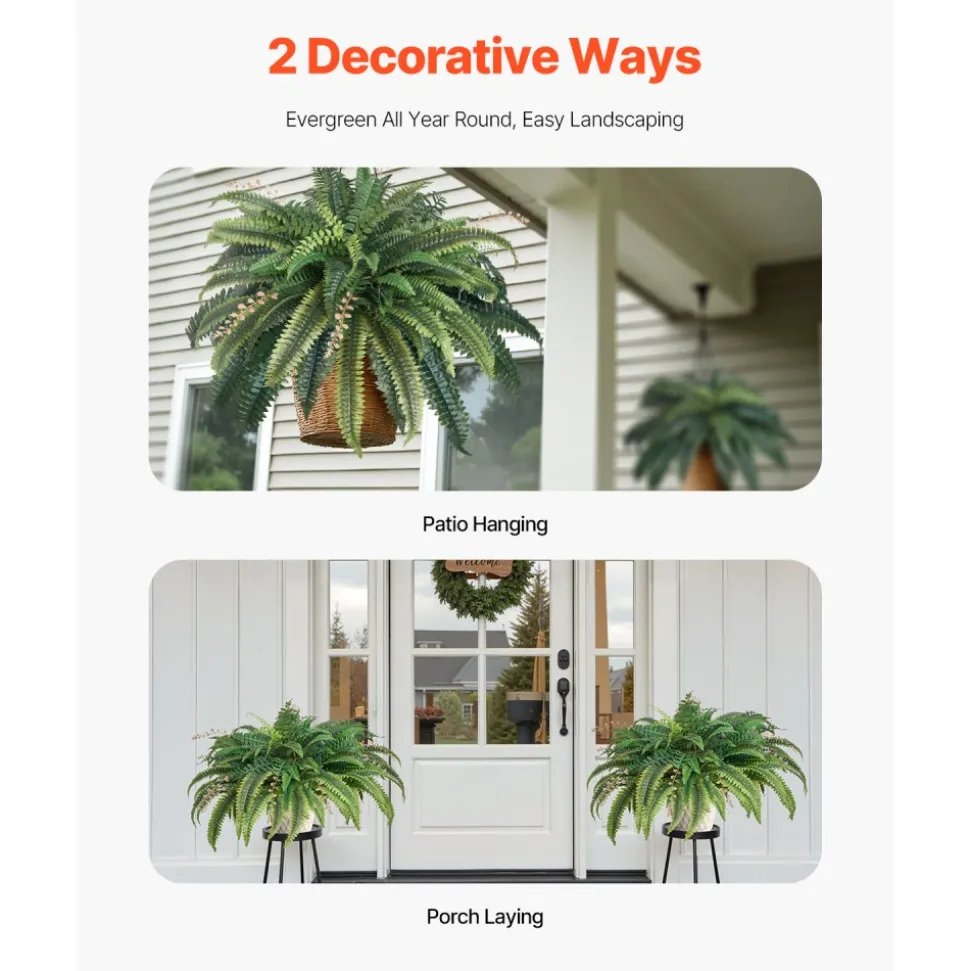 VEVOR Artificial Ferns, Natural Spread Diameter 37-41 Inch, Large Hanging Fake Boston Ferns, Sunlight Resistant Fake Plant Wall Decor with 80 Branches and Flowerpot, Faux Fern for Home Office Outdoor