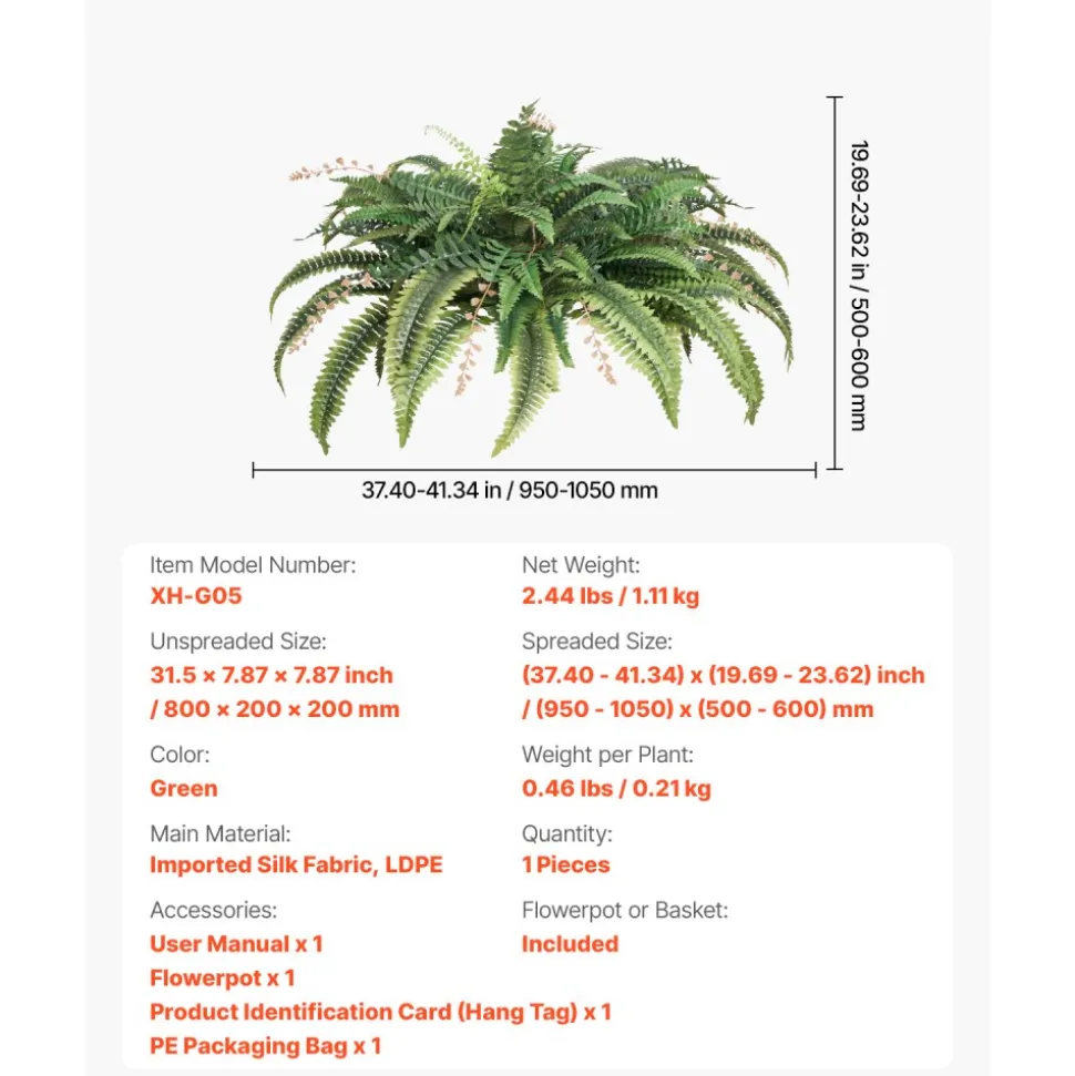 VEVOR Artificial Ferns, Natural Spread Diameter 37-41 Inch, Large Hanging Fake Boston Ferns, Sunlight Resistant Fake Plant Wall Decor with 80 Branches and Flowerpot, Faux Fern for Home Office Outdoor