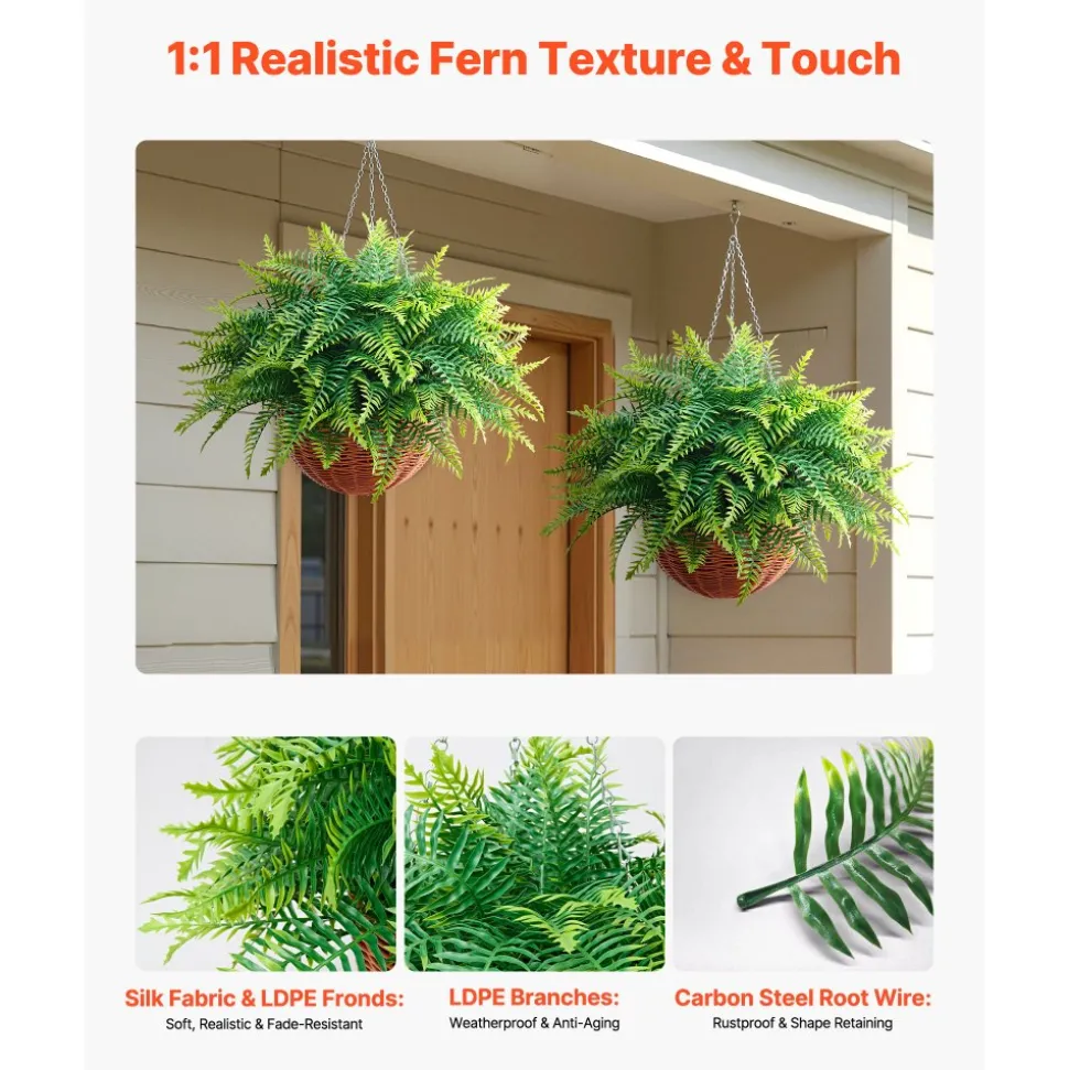 VEVOR Artificial Ferns, 2 Pcs Fake Hanging Boston Fern Bush Plant with 23 Inch Hanging Length, Plastic Faux Greenery for Indoor and Outdoor Decor, For Wall, Wedding Party, Home, Porch Garden, Office