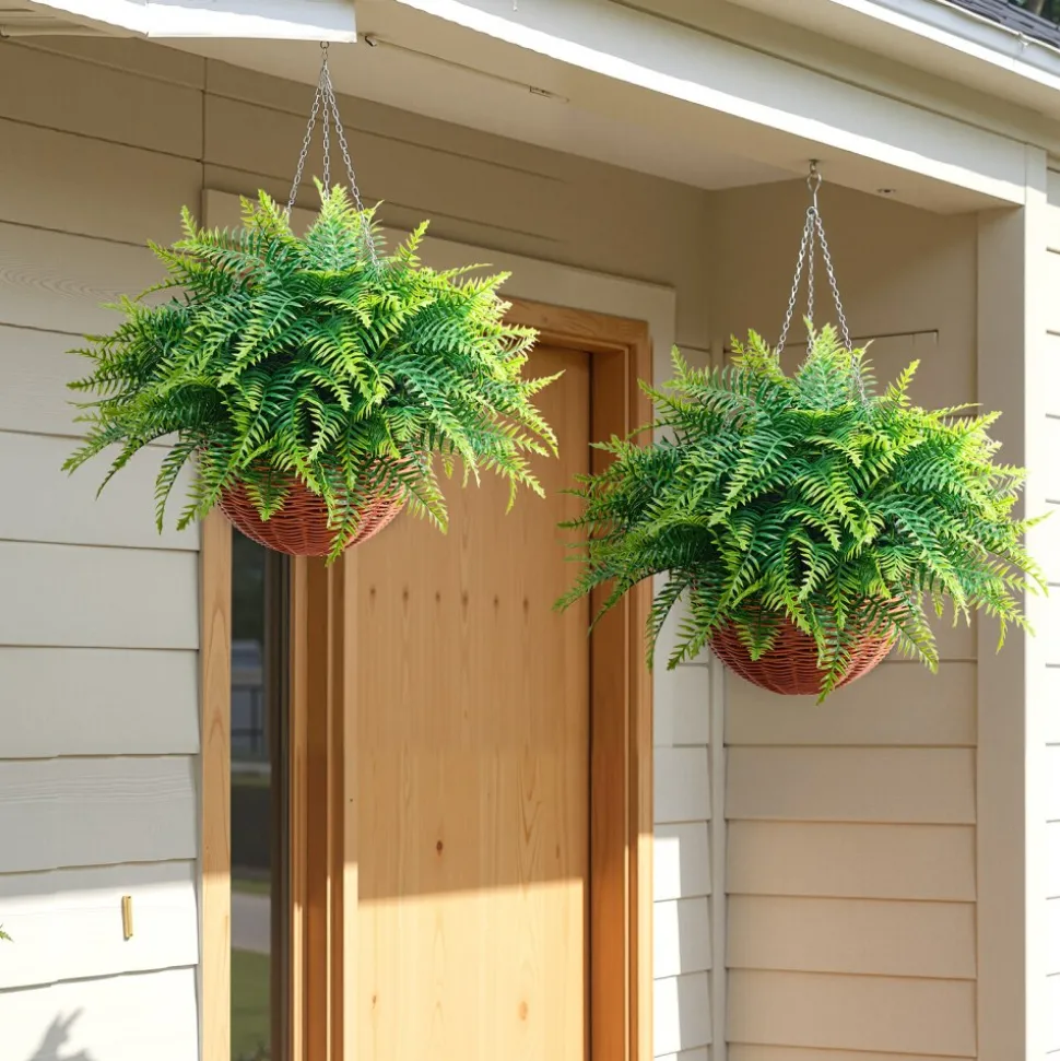 VEVOR Artificial Ferns, 2 Pcs Fake Hanging Boston Fern Bush Plant with 23 Inch Hanging Length, Plastic Faux Greenery for Indoor and Outdoor Decor, For Wall, Wedding Party, Home, Porch Garden, Office