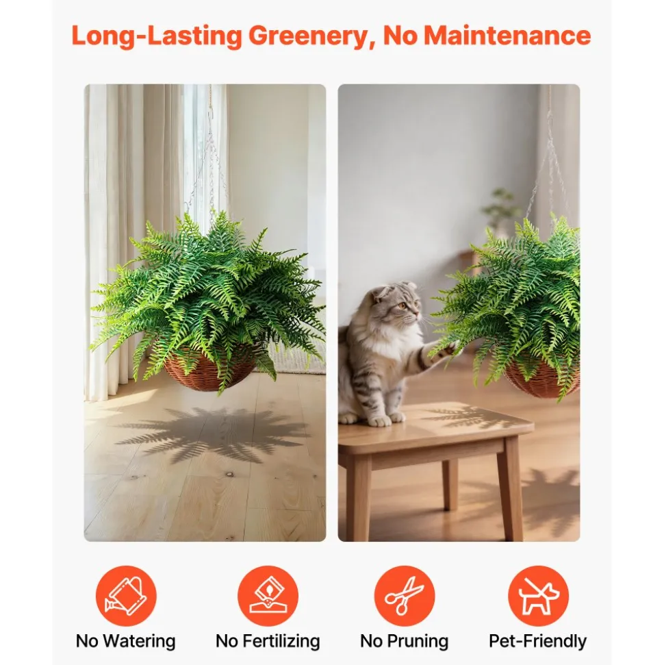 VEVOR Artificial Ferns, 2 Pcs Fake Hanging Boston Fern Bush Plant with 23 Inch Hanging Length, Plastic Faux Greenery for Indoor and Outdoor Decor, For Wall, Wedding Party, Home, Porch Garden, Office