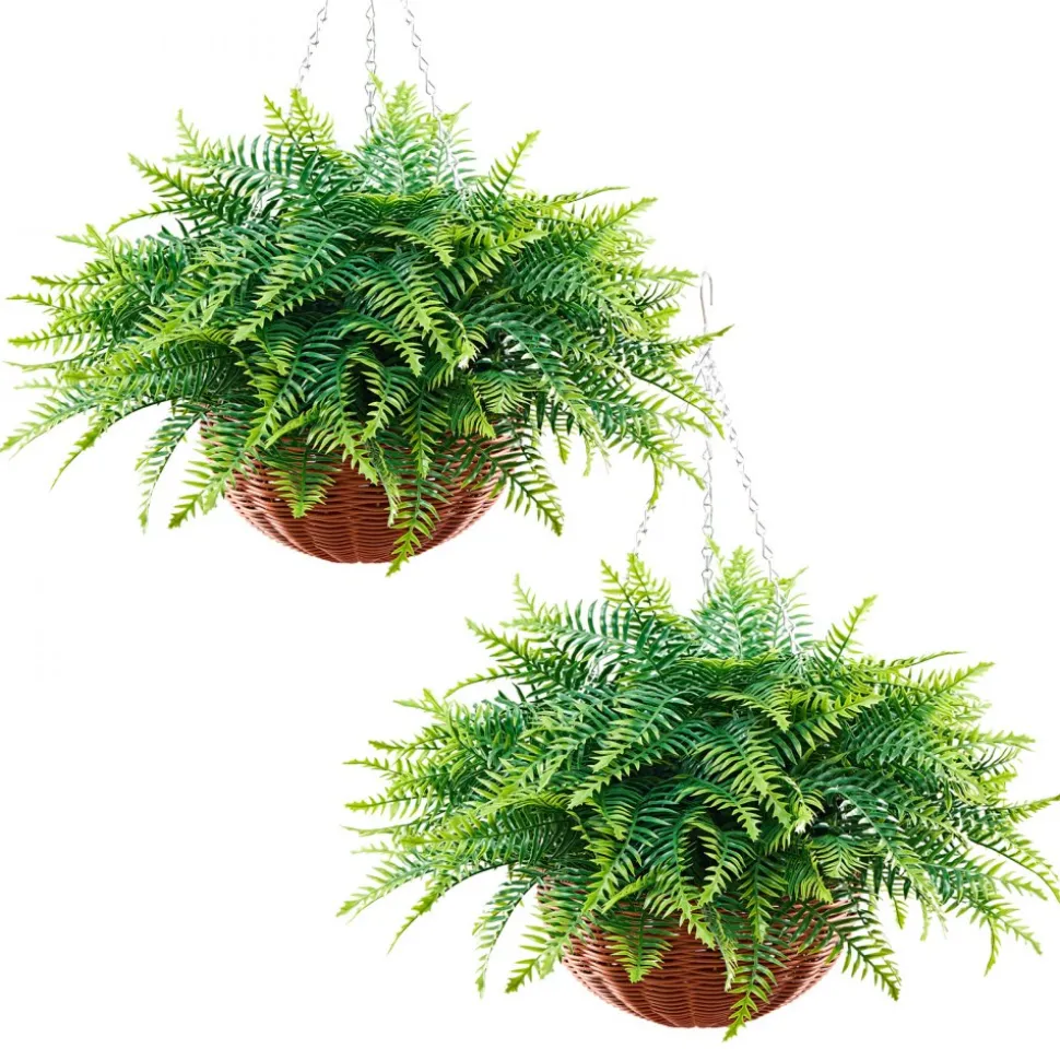 VEVOR Artificial Ferns, 2 Pcs Fake Hanging Boston Fern Bush Plant with 23 Inch Hanging Length, Plastic Faux Greenery for Indoor and Outdoor Decor, For Wall, Wedding Party, Home, Porch Garden, Office