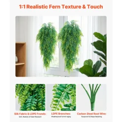 VEVOR Artificial Ferns, 12 Pcs Fake Hanging Boston Fern Bush Plant with 32 Inch Hanging Length, Plastic Faux Greenery for Indoor/Outdoor Decor, For Wall, Wedding Party, Home, Porch Garden, No Basket