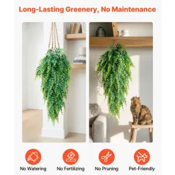 VEVOR Artificial Ferns, 12 Pcs Fake Hanging Boston Fern Bush Plant with 32 Inch Hanging Length, Plastic Faux Greenery for Indoor/Outdoor Decor, For Wall, Wedding Party, Home, Porch Garden, No Basket