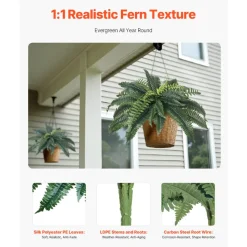 VEVOR Artificial Ferns 2 Pcs, Natural Spread Diameter 31-34 Inch, Large Hanging Artificial Boston Ferns, Fake Plant Wall Decor with 30 Branches, Faux Fern for Home and Office (Flowerpot Unincluded)