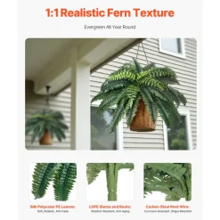 VEVOR Artificial Ferns 2 Pcs, Natural Spread Diameter 35-39 Inch, Large Hanging Artificial Boston Ferns, Fake Plant Wall Decor with 35 Branches, Faux Fern for Home and Office (Flowerpot Unincluded)