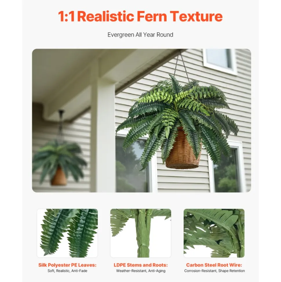 VEVOR Artificial Ferns 2 Pcs, Natural Spread Diameter 35-39 Inch, Large Hanging Artificial Boston Ferns, Fake Plant Wall Decor with 35 Branches, Faux Fern for Home and Office (Flowerpot Unincluded)