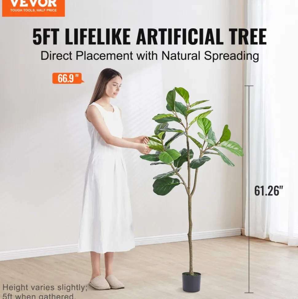 VEVOR Artificial Fiddle Leaf Fig Tree, 5 FT, Secure PE Material & Anti-Tip Tilt Protection Low-Maintenance Faux Plant, Lifelike Green Fake Potted Tree for Home Office Warehouse Decor Indoor Outdoor