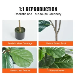 VEVOR Artificial Fiddle Leaf Fig Tree, 5 FT, Secure PE Material & Anti-Tip Tilt Protection Low-Maintenance Faux Plant, Lifelike Green Fake Potted Tree for Home Office Warehouse Decor Indoor Outdoor