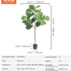 VEVOR Artificial Fiddle Leaf Fig Tree, 5 FT, Secure PE Material & Anti-Tip Tilt Protection Low-Maintenance Faux Plant, Lifelike Green Fake Potted Tree for Home Office Warehouse Decor Indoor Outdoor