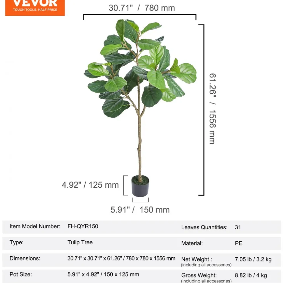 VEVOR Artificial Fiddle Leaf Fig Tree, 5 FT, Secure PE Material & Anti-Tip Tilt Protection Low-Maintenance Faux Plant, Lifelike Green Fake Potted Tree for Home Office Warehouse Decor Indoor Outdoor