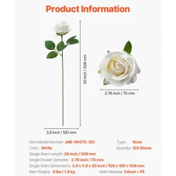 VEVOR Artificial Flowers, 120 pcs Real Looking White Foam Fake Roses Bulk, White Faux Bridal Shower with Stems for DIY Wedding Bouquets, Home Centerpieces Arrangements, Party Tables Decorations