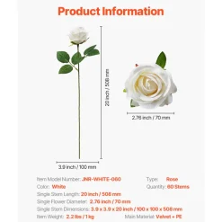 VEVOR Artificial Flowers, 60 pcs Real Looking White Foam Fake Roses Bulk, White Faux Bridal Shower with Stems for DIY Wedding Bouquets, Home Centerpieces Arrangements, Party Tables Decorations