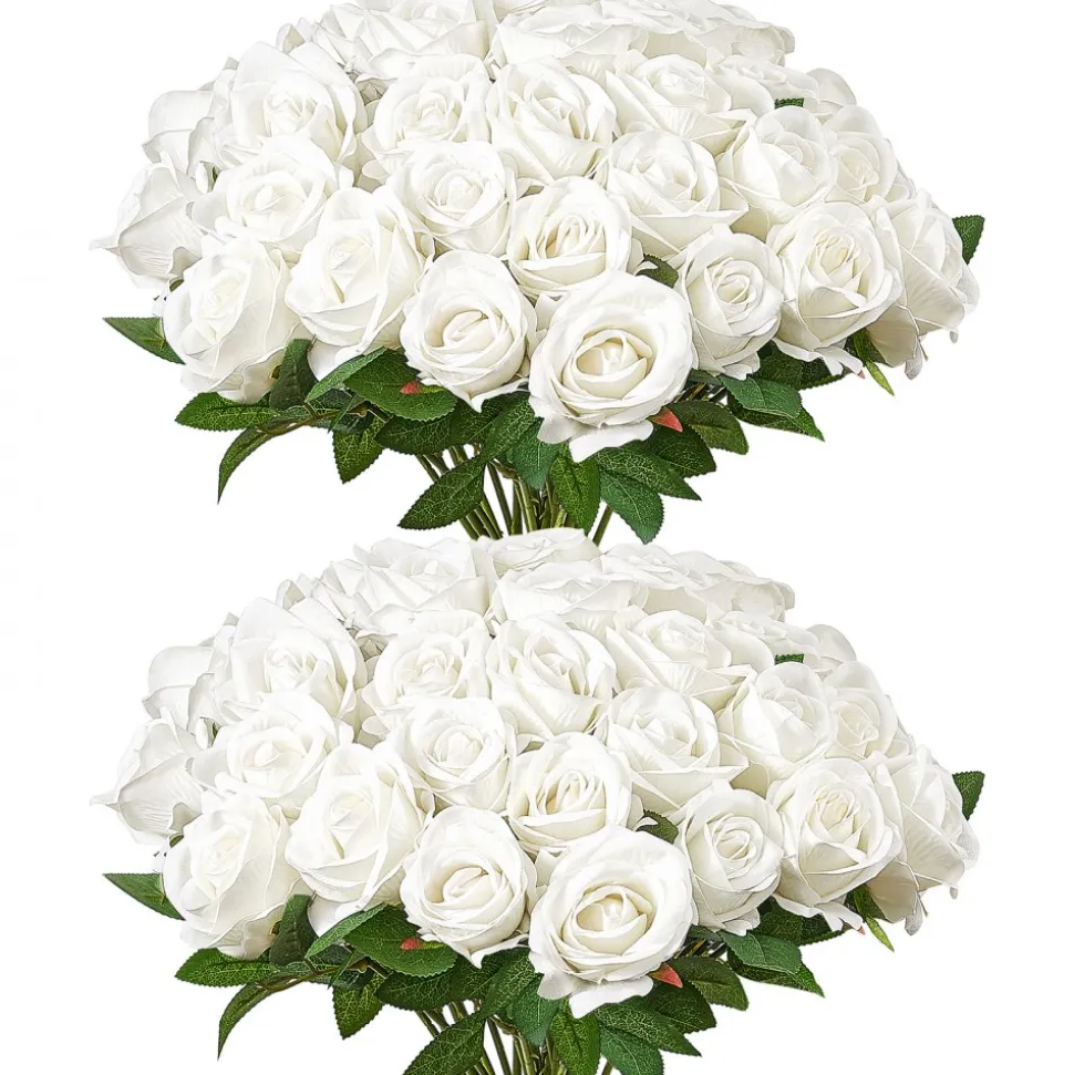 VEVOR Artificial Flowers, 60 pcs Real Looking White Foam Fake Roses Bulk, White Faux Bridal Shower with Stems for DIY Wedding Bouquets, Home Centerpieces Arrangements, Party Tables Decorations