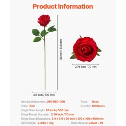 VEVOR Artificial Flowers, 60 pcs Real Looking Red Foam Fake Roses Bulk, Faux Red Bridal Shower with Stems for DIY Wedding Bouquets, Home Centerpieces Arrangements, Party Tables Decorations