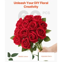 VEVOR Artificial Flowers, 60 pcs Real Looking Red Foam Fake Roses Bulk, Faux Red Bridal Shower with Stems for DIY Wedding Bouquets, Home Centerpieces Arrangements, Party Tables Decorations