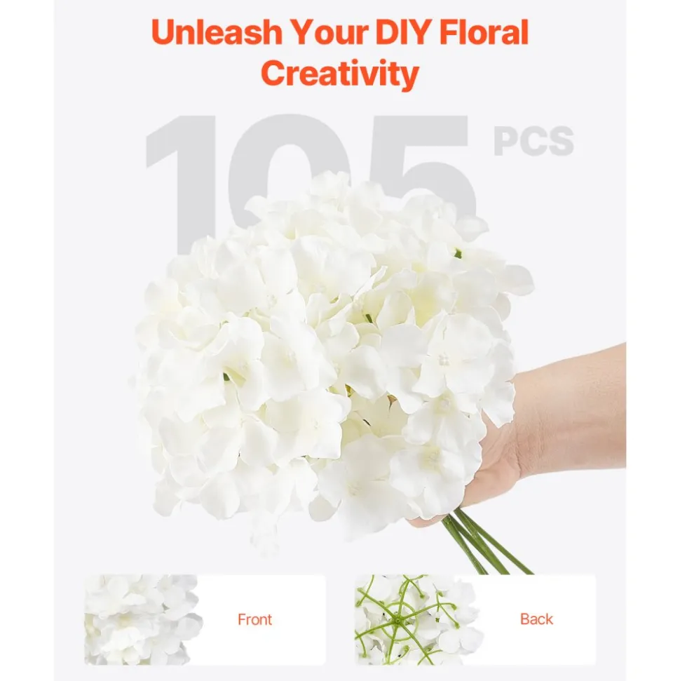 VEVOR Artificial Flowers, 105 pcs Real Looking White Silk Fake Hydrangea Bulk, White Faux Bridal Shower with Stems for DIY Wedding Bouquets, Home Centerpieces Arrangements, Party Tables Decorations