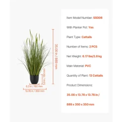 VEVOR Artificial Grass Plant, 2 Pack 35 inch Cattail Grass in Pot, Premium PVC Faux Fake Greenery Shrubs Plant for Indoor Outdoor House Home Garden Office Room Décor, Housewarming, Green
