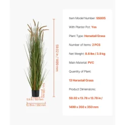 VEVOR Artificial Grass Plant, 2 Pack 59 inch Horsetail Reed Grass in Pot, Premium PVC Faux Fake Greenery Shrubs Plant for Indoor Outdoor House Home Garden Office Room Décor, Housewarming, Green