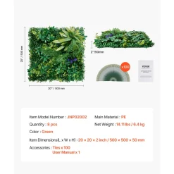 VEVOR Artificial Grass Wall Panels, 8 PCS 20 x 20 inch, 3D Combination Greenery Boxwood Panel for Indoor Outdoor Green Decor & Ivy Fence Covering, Privacy Backdrop Wall Hedge Screen for Garden