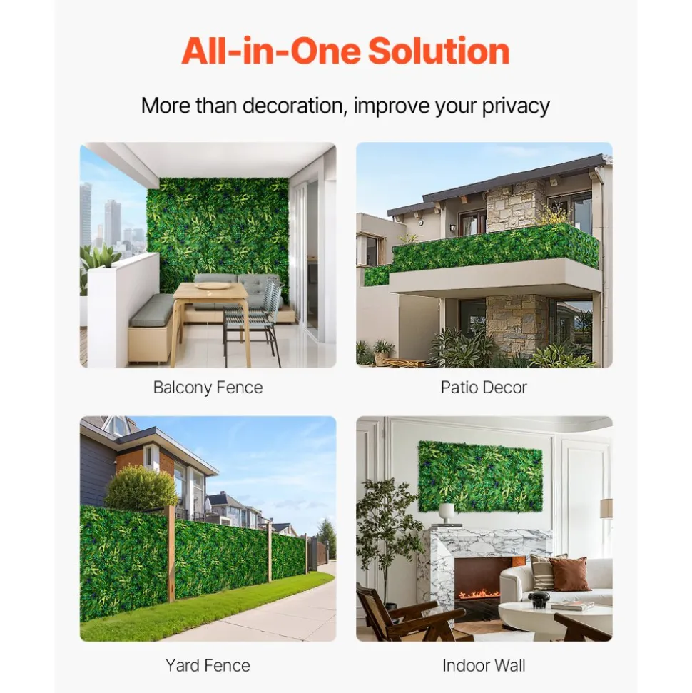 VEVOR Artificial Grass Wall Panels, 8 PCS 20 x 20 inch, 3D Combination Greenery Boxwood Panel for Indoor Outdoor Green Decor & Ivy Fence Covering, Privacy Backdrop Wall Hedge Screen for Garden