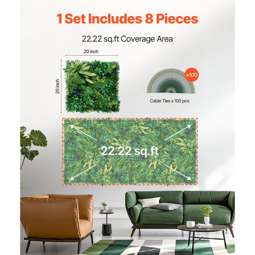 VEVOR Artificial Grass Wall Panels, 8 PCS 20 x 20 inch, 3D Combination Greenery Boxwood Panel for Indoor Outdoor Green Decor & Ivy Fence Covering, Privacy Backdrop Wall Hedge Screen for Garden
