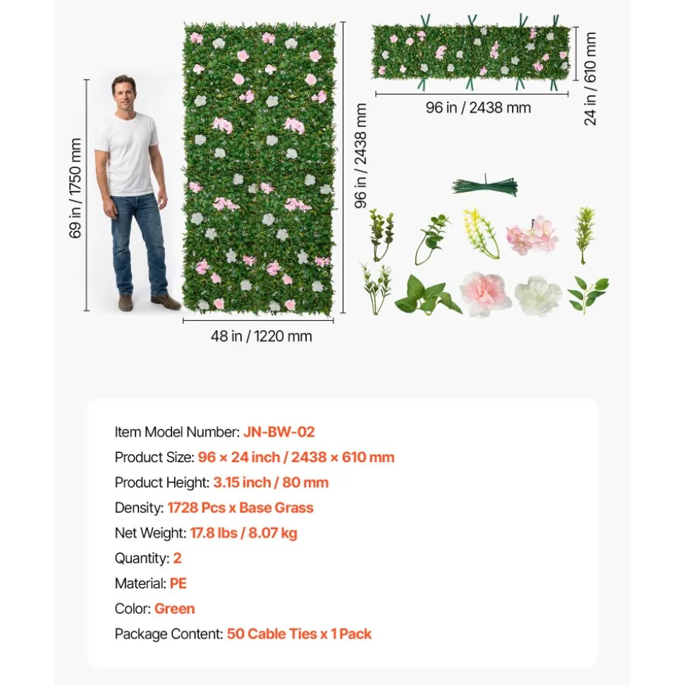 VEVOR Artificial Luxury Flower Wall Backdrop, 2 PCS, Each Panel 2 x 8 ft, Gorgeous 3D Silk Floral Backdrop Pet Friendly, Easy Installation Flower Wall Panel for Wedding, Event, Party and Home Decor