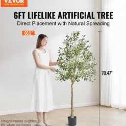 VEVOR Artificial Olive Tree, 6 FT Tall Faux Plant, Secure PE Material & Anti-Tip Tilt Protection Low-Maintenance Plant, Lifelike Green Fake Potted Tree for Home Office Warehouse Decor Indoor Outdoor